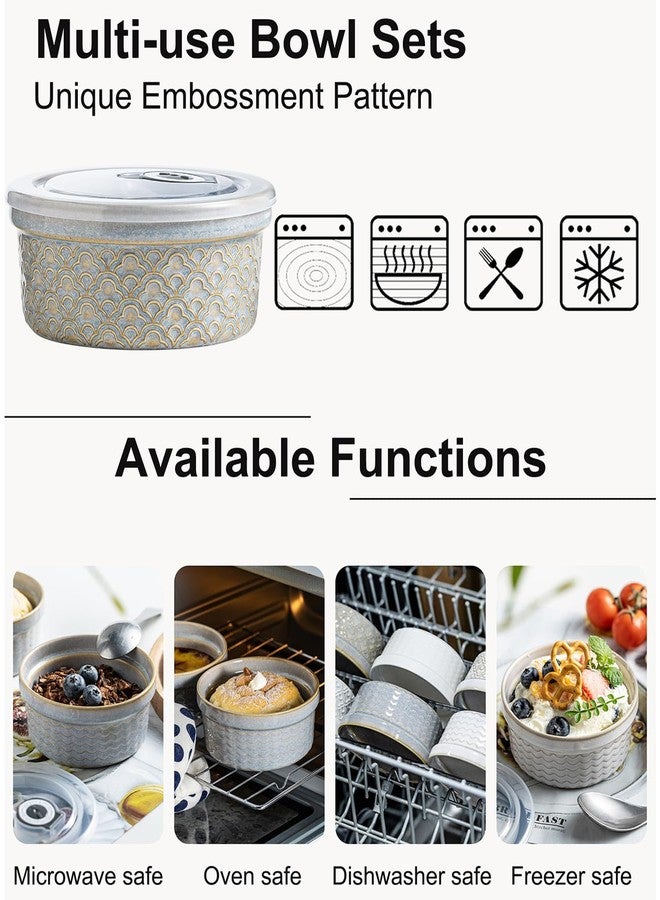 MISSYSSIM Creme Brulee Ramekins with Covers, Ceramic Souffle Ramekin with Lid, Small Baking Dishes, Food Storage Containers Serving Bolws with Lids for Lunch, Dessert, Fruit, Grey Cloud - Image 4